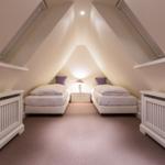 Two single beds under sloped ceilings with nightstand and lamp.