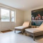 Two lounge chairs are positioned before a glass door. A large picture hangs on the wall.