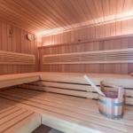 Sauna with wooden bench, thermometer, and bucket with ladle.