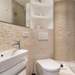 Bathroom with sink, toilet, and shower. Wall cladding made of stones.