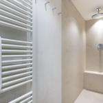 Dusche mit Duschbrause und Heizkörper mit Handtuch.