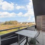Terrasse mit Tisch und Stühlen. Blick auf Grünfläche und Häuser.