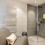 Shower with glass enclosure, showerhead, and handheld shower. Next to a gray chair with pillow.