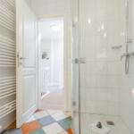 Bathroom with shower, heater, and colorful floor tile pattern.