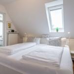 Bedroom with double bed, skylight, and view of balcony.