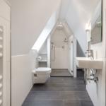 Bathroom with shower, sink, and toilet under sloped ceiling.