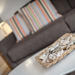 A gray sofa with colorful cushion and shell tray on table.