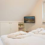 Two beds with white sheets, TV, and windows in a bedroom.
