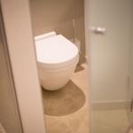 Toilette mit Glasabtrennung und Steinfliesenboden