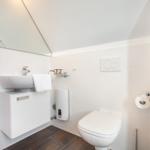 Bathroom with sink, mirror, toilet, and shower.