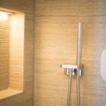 Shower area with modern shower and lit niche.