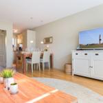 Living and dining area with hardwood floor, TV, and dining table with chairs.