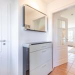 Hallway with shoe cabinet, mirror, and view into living room.