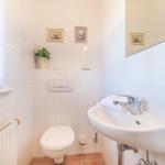Bathroom with toilet, sink, and mirror. White tiles and plant visible.