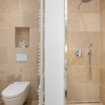 Bathroom with shower, toilet, and built-in niche with coral object.