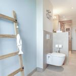 Bathroom with toilet, shower, and wooden ladder on the wall.