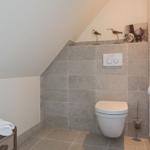 Bathroom with toilet, gray tiles, and decorative birds on the wall.