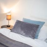 Double bed with pillows and nightstand with lamp.