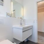Bathroom with sink, mirror, and plant. Door leads to living area.