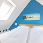 Schlafzimmer mit Dachschrägen, blauer Wand und Doppelschlafcouch.