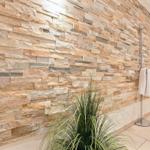 Wall with stone panels, plant, and towel rack in bathroom.