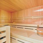 Holzsauna mit Sitzbänken und Eimer