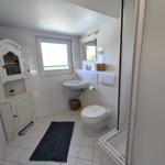 Badezimmer mit Toilette, Waschbecken und Dusche. Weiße Fliesen und ein dunkler Teppich.