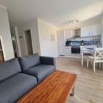 Wohn- und Küchenbereich mit Sofa, Tisch und weißen Schränken.