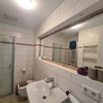Badezimmer mit Dusche, Waschbecken und Spiegel