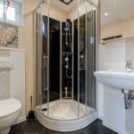 Badezimmer mit Dusche, Waschbecken und Toilette. Wandbild und Fenster sichtbar.