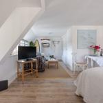 Living area with TV, dining table, and bed under sloped ceilings.
