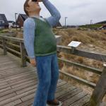 Statue eines Mannes mit Brille auf Holzbrücke vor Dünen