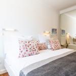 Bedroom with bed, pillows, and mirrored wardrobe on the wall.