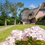 Haus mit Strohdach und Gartenweg mit Blumen im Vordergrund.