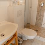 Badezimmer mit Dusche, Toilette und Waschbecken auf Holzgestell.
