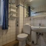 Badezimmer mit Toilette, Waschbecken und Dusche. Fenster mit Vorhängen.