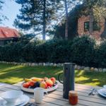 Garten-Tisch mit Obst, Tassen und Kanne im Sonnenlicht.