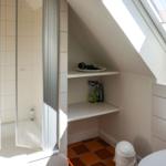 Badezimmer mit Dusche, Regal und Dachfenster.