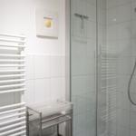 Shower with glass enclosure, handheld showerhead, and heater. Wall decoration with shell.