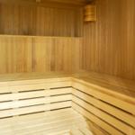 Sauna with wooden bench and wooden wall cladding