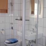 Bathroom with toilet, sink, and shower