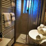 Badezimmer mit Dusche, Handtuchhalter und Waschtisch.
