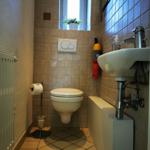 Badezimmer mit Toilette, Waschbecken und Fenster