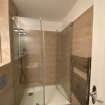 Dusche mit Glaswand, Handdusche und Heizkörper an der Wand.