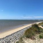 Strand mit Sand, Steinen und Gras unter blauem Himmel.