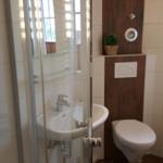 Bathroom with shower, sink, and toilet. Wooden wall and mirror with lighting.
