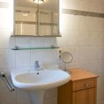 Bathroom with sink, mirror, and wooden cabinet.