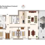 Ferienwohnung mit drei Schlafzimmern, Küche, Wohnbereich und Balkon.