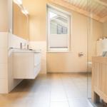 Badezimmer mit Waschbecken, Spiegel, Dusche und Fenster.