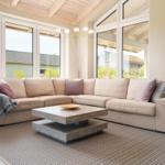 Wohnzimmer mit Ecksofa, Couchtisch und großen Fenstern.
